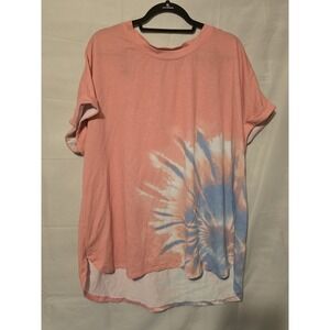 Crown Ivy‎ Round Hem Top Size 1X Coral Tie Dye Short Cuffed Sleeves